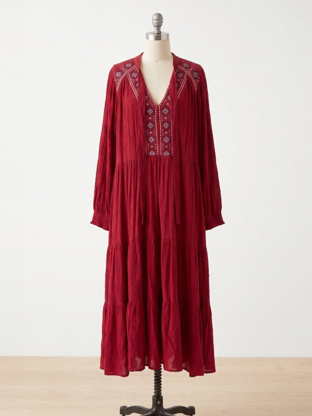 Knox Rose Red Embroidered Tiered Boho Midi Maxi Dress 4X Pockets